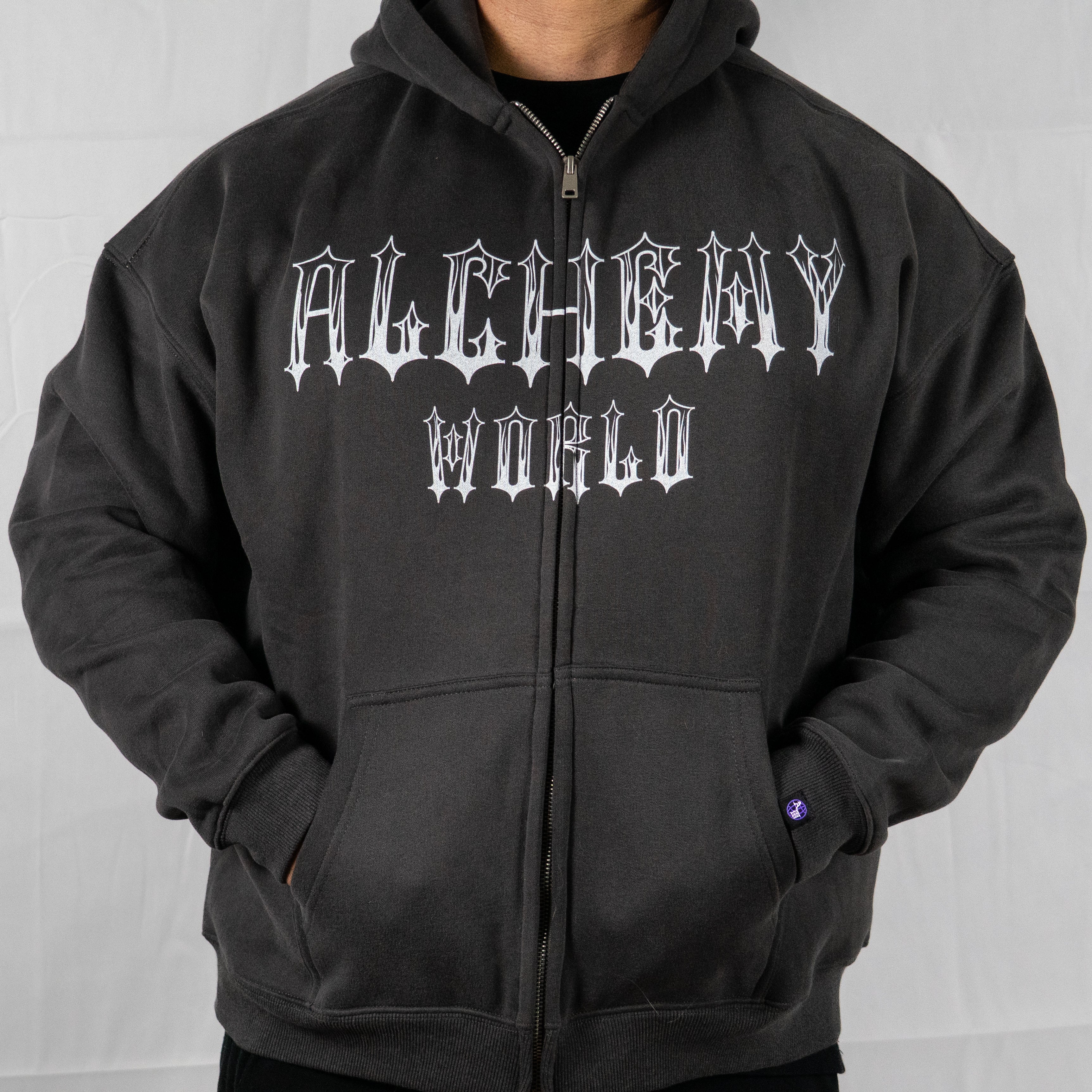 CHARCOAL GRAY AND WHITE FLAME LOGO ZIP UP SWEATER