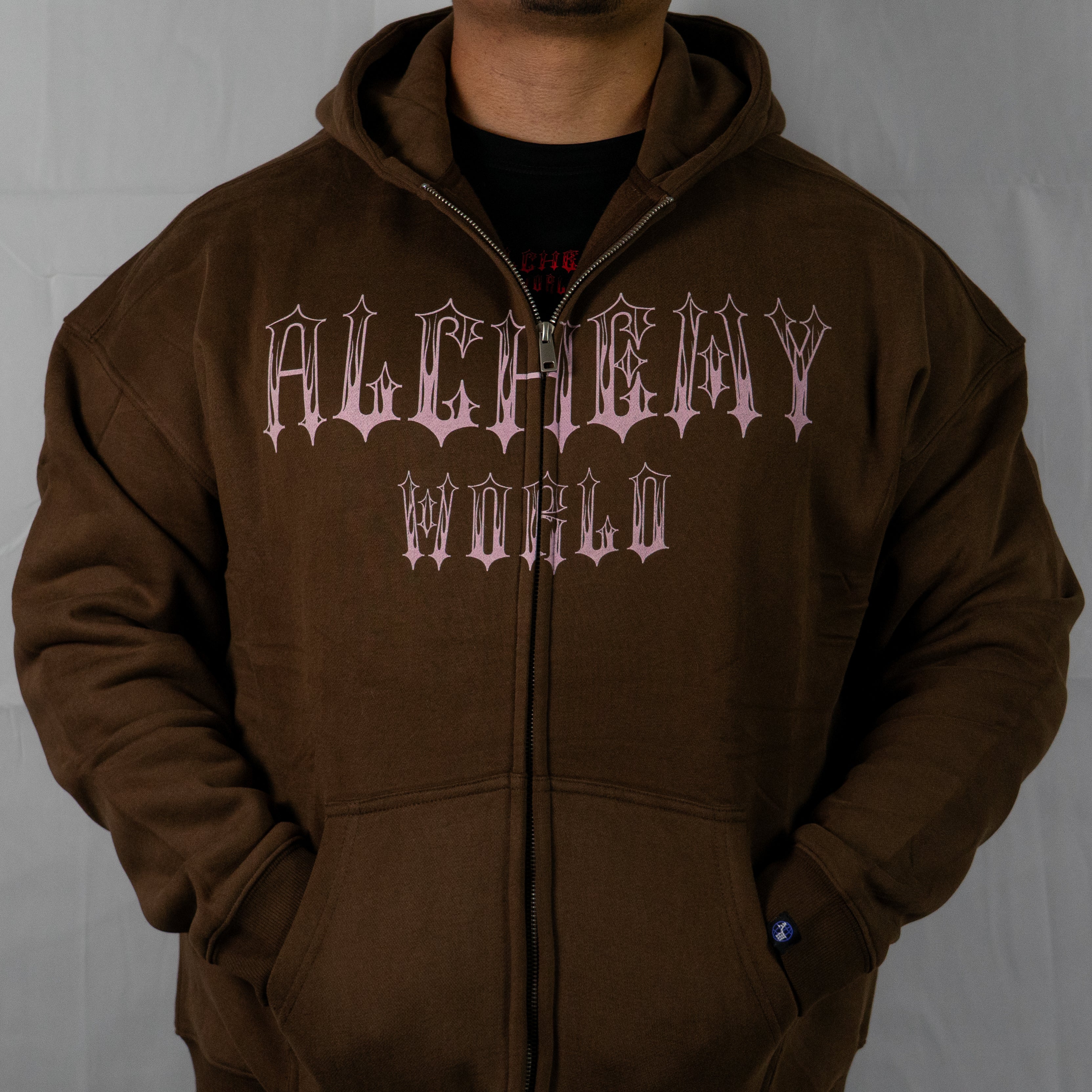 CHOCOLATE BROWN AND SHY PINK FLAME LOGO ZIP UP SWEATER