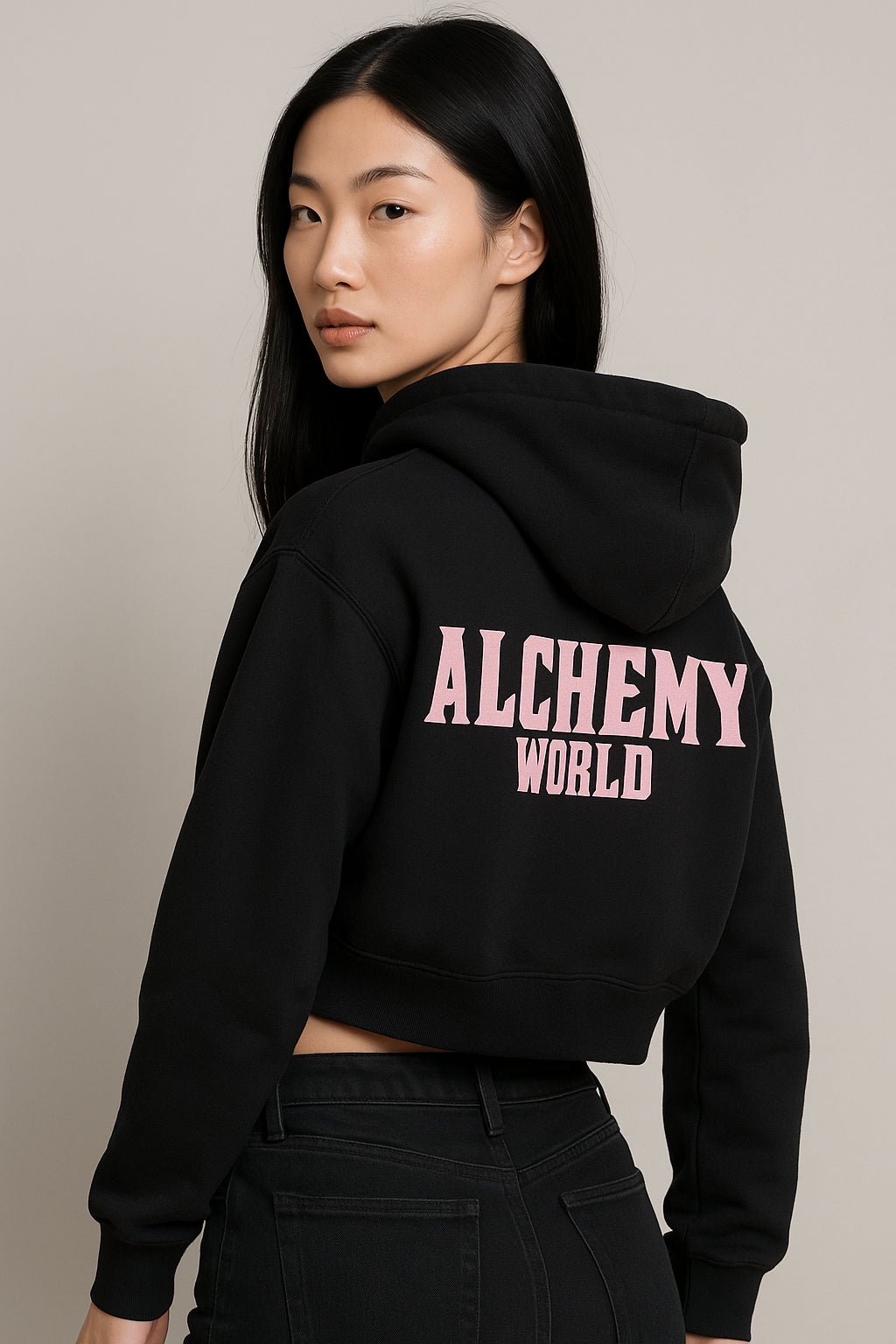 Alchemy World Women’s Cropped Hoodie — Black/pink